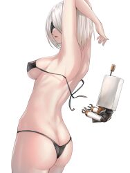 ass ass_cleavage bikini black_bikini blindfold breasts butt_crack commentary_request female highres kuronerinka medium_breasts mole mole_under_mouth nier:_automata nier_(series) pod_(nier) robot short_hair simple_background swimsuit thighs untied untied_bikini white_background white_hair yorha_2b