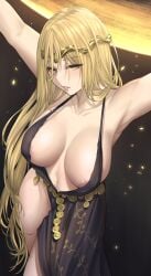 absurdres alternate_hairstyle areola_slip armpits arms_up bare_shoulders black_background black_dress blonde_hair breasts circlet cleavage dress elden_ring female from_above fromsoftware halterneck highres kuronerinka large_breasts long_hair nyatokanyaru parted_lips queen_marika_the_eternal revealing_clothes solo thighs very_long_hair yellow_eyes