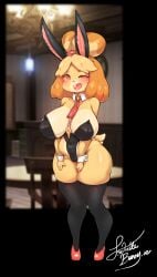 2023 2d animal_crossing anthro big_breasts boingfarm breasts bunnysuit canine digital_media_(artwork) domestic_dog eyelashes furry furry_female furry_only heart_tongue inside isabelle_(animal_crossing) latex looking_at_viewer mammal nintendo open_mouth scut_tail shih_tzu standing table tagme tail thick_thighs thighhighs