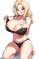 amogan black_bra black_panties blonde_hair blue_eyes blush bra breasts collarbone female girls_und_panzer grin highres kay_(girls_und_panzer) large_breasts long_hair looking_at_viewer navel nipples panties shiny_skin simple_background smile solo underwear underwear_only white_background