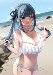 1girls amano_nene_(vtuber) beach belly_button big_breasts female female_only happy light-skinned_female light_skin looking_at_viewer mi_oekaki outside production_kawaii sky solo swimsuit touching_hair turquoise_eyes turquoise_hair virtual_youtuber water white_swimsuit