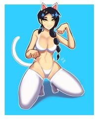 1girls 2d bandaid_on_nose bare_shoulders big_breasts black_hair blue_background bra cat_ears cat_eyes cat_tail catgirl cleavage erisa_(fortnite) female fortnite fortnite:_battle_royale inugaami partially_clothed posing smile thick_thighs thighhighs thighs video_games voluptuous watermark white_legwear white_lingerie white_panties wide_hips yellow_eyes