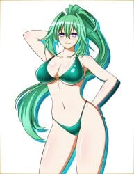 1girls arm_behind_head armpits big_breasts bikini breasts busty cleavage confident female female_only green_bikini green_heart hand_on_hip highres large_breasts legs looking_at_viewer model_pose neptunia_(series) o-ring o-ring_bikini pose posing purple_eyes sensual smile solo swimsuit thighs thong_bikini vert