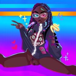 1girls alexklein black_skin colored colored_nails dark-skinned_female dark_skin dreadlocks fortnite fortnite:_battle_royale heterochromia imani_(fortnite) jacket nails open_legs piercing pubes pubic_hair pussy pussy_piercing solo_female tongue_out