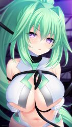 1girls between_breasts big_breasts blush breast_grab breasts busty cleavage female female_only gloves grabbing green_hair green_heart highres irori large_breasts light-skinned_female light_skin long_hair looking_at_viewer midriff navel neptunia_(series) ponytail power_symbol purple_eyes restrained solo symbol-shaped_pupils tied_up underboob very_long_hair voluptuous white_gloves