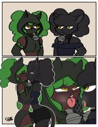 2boys ahe_gao anthro bell_collar bells black_clothing black_fur black_pupils blush bulge cat_ears cat_humanoid cdk cdk_(cdk) closed_eyes crop_top digital_media_(artwork) drool femboy femboy_on_femboy fishnets fluffy fluffy_hair furry green_accents hoodie kissing oc selfcest shorts tongue_out touching_penis watermark yellow_eyes