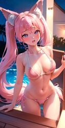 ai_generated big_breasts bikini blue_eyes blush breasts embarrassed fox_ears kitsune open_mouth palm_tree pink_bikini pink_hair pinkeiru_(vtuber) pool slim_waist twintails virtual_youtuber vtuber water wet white_skin