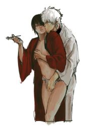 19csupervillain 2boys crotch_grab crotch_rub eye_contact from_behind fundoshi gay gintama gintoki_sakata hair_over_one_eye japanese_clothes kimono kiseru kissing kissing looking_at_another looking_back male male_only open_clothes open_kimono pec_grasp pipe smoking_pipe standing takasugi_shinsuke yaoi