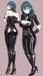 ai_generated big_breasts blue_eyes byleth_(fire_emblem) byleth_(fire_emblem)_(female) dark_green_hair fire_emblem fire_emblem:_three_houses high_heels huge_breasts large_breasts latex latex_bodysuit latex_gloves latex_heels latex_suit latex_thighhighs matalica nintendo pinup posing