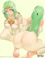 1girls ass ass_focus bare_shoulders barefoot breasts dress female female_only fire_emblem fire_emblem:_three_houses green_eyes green_hair kneeling large_ass large_breasts long_hair looking_at_viewer nextoad nintendo rhea_(fire_emblem) shoulders solo