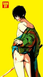 19csupervillain ass bandages bare_ass black_hair blood bottomless eye_patch gintama hair_over_one_eye japanese_clothes katana kimono kimono_lift looking_at_viewer looking_back male male_only no_underwear off_shoulder presenting presenting_hindquarters rear_view samurai solo sword takasugi_shinsuke weapon yellow_background