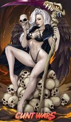 1girls barefoot bikini black_bikini black_wings breasts cape cunt_wars female_only grand_ma_reaper hooded_cape long_hair navel personification removing_mask scythe sitting sitting_on_object skull_mask skulls solo unmasked white_hair