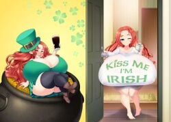 breasts breasts_bigger_than_head cleavage huge_boobs huge_breasts irish leotard leprechaun leprechaun_hat orange_hair pot_of_gold saburox st._patrick's_day thick_thighs