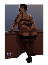 1girls 2023 amanda_waller artist_logo ass bbw big_butt black_hair black_lingerie dark-skinned_female dark_skin dc dc_comics earrings hair human jzerosk lingerie logo looking_at_viewer looking_back mature mature_female mature_woman milf pinup pose short_hair teeth thick_thighs