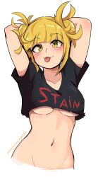 1girls arms_behind_head arms_up bangs blonde_hair blush breasts clavicle collarbone crop_top dashi_art double_bun female groin hair_buns himiko_toga looking_at_viewer my_hero_academia navel shounen_jump smiling solo sticking_out_tongue stomach tagme tongue_out underboob upper_body white_background yellow_eyes