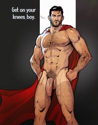 abs biceps big_cock big_penis cape cape_only codyfordart dialogue english_text flaccid flaccid_penis hairy hairy_chest hands_on_hips huge_cock male male_only muscles muscular muscular_male pecs superhero tanlines uncut