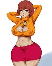 1girls armpits big_breasts bimbo bottomwear breasts brown_eyes brown_hair cleavage clothing female female_only glasses hair hands_behind_head hanna-barbera hips huge_breasts nipples nipples_visible_through_clothing orange_topwear pencil_skirt phat_smash red_skirt scooby-doo short_hair skirt smile solo solo_female thighs topwear velma_dinkley wide_hips