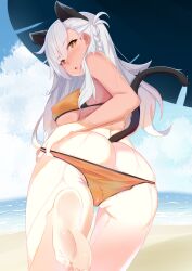 1girls animal_ears beach cat_ears cat_tail catgirl fate/grand_order fate_(series) female female_only light-skinned_female light_skin looking_at_viewer olga_marie_animusphere outside solo swimsuit tagme tail undressing white_hair yellow_eyes