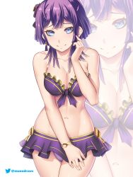 1girls alternate_costume bare_arms bare_shoulders bernadetta_von_varley bikini bikini_skirt blue_eyes commentary_request cowboy_shot etchimune female female female_only fire_emblem fire_emblem:_three_houses long_hair looking_at_viewer microskirt navel nintendo purple_bikini purple_hair purple_skirt purple_swimsuit simple_background skirt smile solo standing stomach strapless strapless_bikini swimsuit thighs white_background zoom_layer