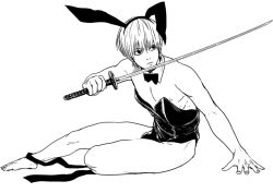 19csupervillain alternate_costume bowtie bunny_boy bunny_ears bunnysuit crossdressing detached_collar full_body gintama katana line_art male male_only male_playboy_bunny monochrome nipple_slip okita_sougo samurai sitting solo sword teen_boy teenager weapon