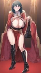 ai_generated big_breasts blue_eyes blush byleth_(fire_emblem) byleth_(fire_emblem)_(female) dark_green_hair dress fire_emblem fire_emblem:_three_houses high_heel_boots high_heels huge_breasts large_breasts matalica nintendo pinup red_dress royal