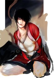 19csupervillain arms_behind_back black_hair bondage bondage gintama hair_over_one_eye kimono looking_at_viewer male male_only one_eye_closed open_kimono painting_(artwork) restrained rope rope_bondage rope_harness sitting solo takasugi_shinsuke unfinished