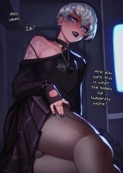 androgynous black_lips black_lipstick black_nail_polish black_nails blue_eyes collar crossdressing femboy gay gloves goth lipstick male_focus necklace nier:_automata painted_nails piercing qt0ri skirt stalking star stockings tattoo text white_hair yorha_9s