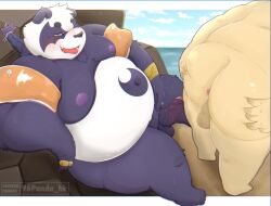 2023 96panda alp_(tokyo_afterschool_summoners) anthro ass backsack balls bear belly big_belly big_butt black_nose cloud detailed_background duo erection genitals giant_panda hi_res human human_on_anthro humanoid_hands interspecies kemono lifewonders male male/male mammal outside overweight overweight_male penis purple_body sitting tokyo_afterschool_summoners water white_body