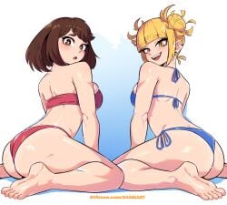 2girls ass bikini blonde_hair brown_hair dashi_art double_bun earrings fangs female himiko_toga my_hero_academia ochako_uraraka shounen_jump tagme