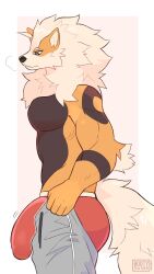 absurd_res anthro arcanine ass biceps big_penis black_eyes bootyfeather bottomwear breath brown_body brown_fur bulge clothing fur genital_outline genitals hi_res looking_down male male_only meme muscular muscular_anthro neck_tuft nintendo orange_body orange_fur pants pecs penis pokemon pulling_up_pants simple_background solo sweatpants tail tight_pants_(meme) tuft underwear