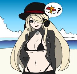 asking_a_question beach bikini blonde_hair cynthia_(pokemon) female light-skinned_female long_hair pokemon