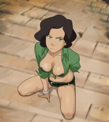 1girls alternate_age anaxus annoyed annoyed_expression avatar_legends big_breasts breasts breasts_out clothed earth_kingdom female female_only green_eyes jean_shorts kneeling legs legs_spread outside revealing_clothes shorts slutty_outfit solo solo_female squatting suyin_bei_fong the_legend_of_korra thighs view_from_above young