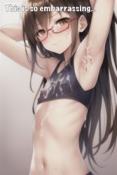 ai_generated ambiguous_gender androgynous armpit armpit_fetish armpits arms_behind_head arms_up armure blush blush blush_lines brown_eyes brown_hair cum cum_in_armpit cum_on_armpit cum_on_body cum_on_chest cum_on_clothes cum_on_upper_body embarrassed erect_nipples femboy feminine_male glasses long_hair looking_at_viewer midriff nipples otoko_no_ko shy stable_diffusion sweat sweatdrop text trap