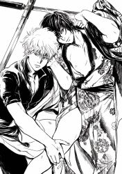 19csupervillain 2boys fully_clothed gay gintama gintoki_sakata haori katana kimono leg_grab male male_only monochrome on_back open_kimono samurai sword takasugi_shinsuke weapon yaoi