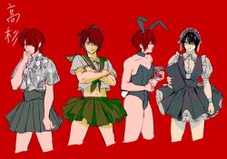 19csupervillain alternate_costume black_hair bunny_boy bunny_ears bunnysuit crossdressing crossed_arms eye_patch fully_clothed gintama hair_over_one_eye looking_at_viewer maid maid_headdress maid_uniform male male_only male_playboy_bunny multiple_outfits red_background red_hair school_uniform serafuku skirt solo takasugi_shinsuke waitress