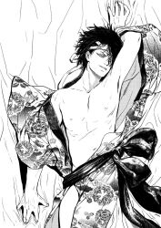 19csupervillain arm_up bandages gintama hair_over_one_eye kimono male male_only monochrome obi off_shoulder on_back on_bed open_clothes open_kimono screentone smile solo takasugi_shinsuke