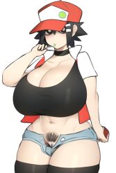 1girls ai_generated baseball_cap black_eyes black_hair breasts candy choker crop_top expressionless female female_focus huge_breasts jacket lollipop midriff navel open_clothing open_jacket open_shorts pokeball pokemon pubic_hair pussy red_(pokemon) rule_63 serious solo thick_thighs thighhighs wide_hips