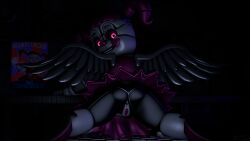 3d 3d_(artwork) animatronic baby_(fnafsl) back_view canon_appearance circus_baby circus_baby_(fnaf) clown clussy dark_room female female_only five_nights_at_freddy's five_nights_at_freddy's:_sister_location glowing glowing_eyes heartsick_baby_(fnaf) kneeling looking_at_viewer looking_back object_insertation on_floor on_ground pigtails pink_eyes purple_hair pussy pussy_focus robot robot_girl sfm simple_background sister_location skirt solo source_filmmaker trishsfm vagina wings