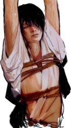 19csupervillain arms_up black_hair bondage bondage closed_eyes colored_sketch eye_patch gintama hair_over_one_eye kimono male male_only nipples_visible_through_clothing painting_(artwork) parted_lips realistic solo takasugi_shinsuke torture wet_clothes wet_skin