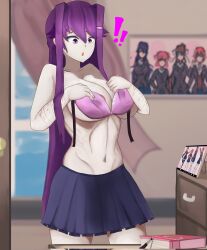 !! 1girls :o artemitzuki_(artist) big_breasts bra breasts doki_doki_literature_club female female_only holding_bra holding_object inconvenient_breasts indoors partially_clothed purple_eyes purple_hair scars skirt solo solo_female toned toned_female too_big too_small_clothes yuri_(doki_doki_literature_club)