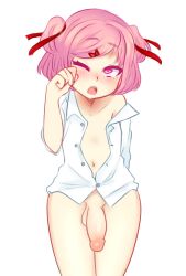 1futa balls blush bottomless button_down_shirt buttons cute dead_source dickgirl doki_doki_literature_club flaccid flat_chest futa_only futanari hair_ornament hair_ribbon lovesicepick mostly_nude natsuki_(doki_doki_literature_club) navel open_mouth open_shirt penis pink_eyes pink_hair rubbing_eyes solo solo_futa white_background yawn