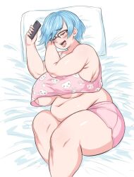 1girls asaragi big_ass big_breasts blue_hair chubby chubby_female glasses large_ass large_breasts pajamas phone pink_clothing sleeping sleepy thick_thighs