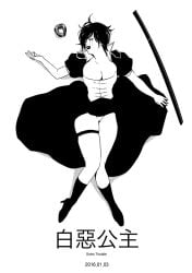 19csupervillain alternate_costume apple bare_legs big_breasts boots cleavage closed_eyes cosplay female female_only full_body genderswap_(mtf) gintama high_heel_boots high_heels japanese_text katana lipstick makeup monochrome on_back parody rule_63 runny_makeup short_hair snow_white_(cosplay) sword takasugi_shinsuke tears thigh_strap unconscious very_short_hair weapon