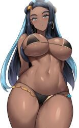 1girls absurdres big_breasts bikini black_hair blue_eyes breasts creatures_(company) dark-skinned_female female female_only game_freak gym_leader jasony long_hair nessa_(pokemon) nintendo pokemon pokemon_ss simple_background tagme thick_thighs voluptuous