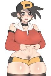 ai_generated backwards_baseball_cap baseball_cap black_eyes black_hair choker cropped_hoodie detached_sleeves earrings female female_focus fingers_together gold_(pokemon) gym_shorts hood_down hoodie huge_breasts micro_shorts nervous open_mouth pokemon rule_63 rule_63 solo sweatdrop thick_thighs thighhighs wide_hips