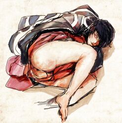 19csupervillain androgynous bare_legs bare_shoulders black_hair colored_sketch fetal_position fingering fingering_self full_body gintama hair_over_one_eye haori kimono male male_only masturbation on_side sketch solo takasugi_shinsuke