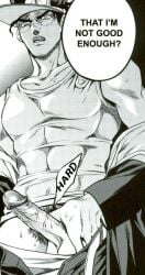 1boy abs amarans dialogue erection exposed_penis imminent_sex jojo's_bizarre_adventure jotaro_kujo male male_only muscular muscular_male penis pubic_hair stardust_crusaders text veiny_penis