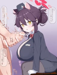1boy 1girl 892_(atpz3848) animal_ears bar_censor black_hat black_jacket black_pantyhose black_skirt blue_archive bow bowtie breasts bright_pupils censored cleavage clothed_female_nude_male collared_shirt commentary_request foreskin from_side garrison_cap gloves hair_between_eyes hair_bun halo hat hetero highres huge_breasts jacket kaede_(blue_archive) kaede_(guide)_(blue_archive) large_penis long_sleeves male_masturbation masturbation name_tag nude official_alternate_costume open_mouth oppai_loli out_of_frame pantyhose partially_unbuttoned pencil_skirt penis phimosis purple_hair raccoon_ears raccoon_girl red_bow red_bowtie red_halo sensei_(blue_archive) shirt sitting skirt solo_focus tour_guide translation_request veins veiny_penis white_gloves white_pupils white_shirt yellow_eyes