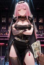 1girl ai_generated annoyed_expression armwear big_breasts black_dress blunt_bangs cape cleavage crossed_arms dark-skinned_male dress half-closed_eyes hime_cut hololive hololive_english hololive_myth huge_breasts indoors long_hair mori_calliope mr.mawile nightclub offering_money pink_hair prostitution red_eyes single_thighhigh tiara veil