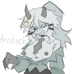 1female 1girl angry angry_face artist_name big_boobs black_horns boobs demon demon_girl demon_horns director english_text eyepiece female female_only fpe fundamental_paper_education horns miss_grace_(fundamental_paper_education) solo text underboob white_hair